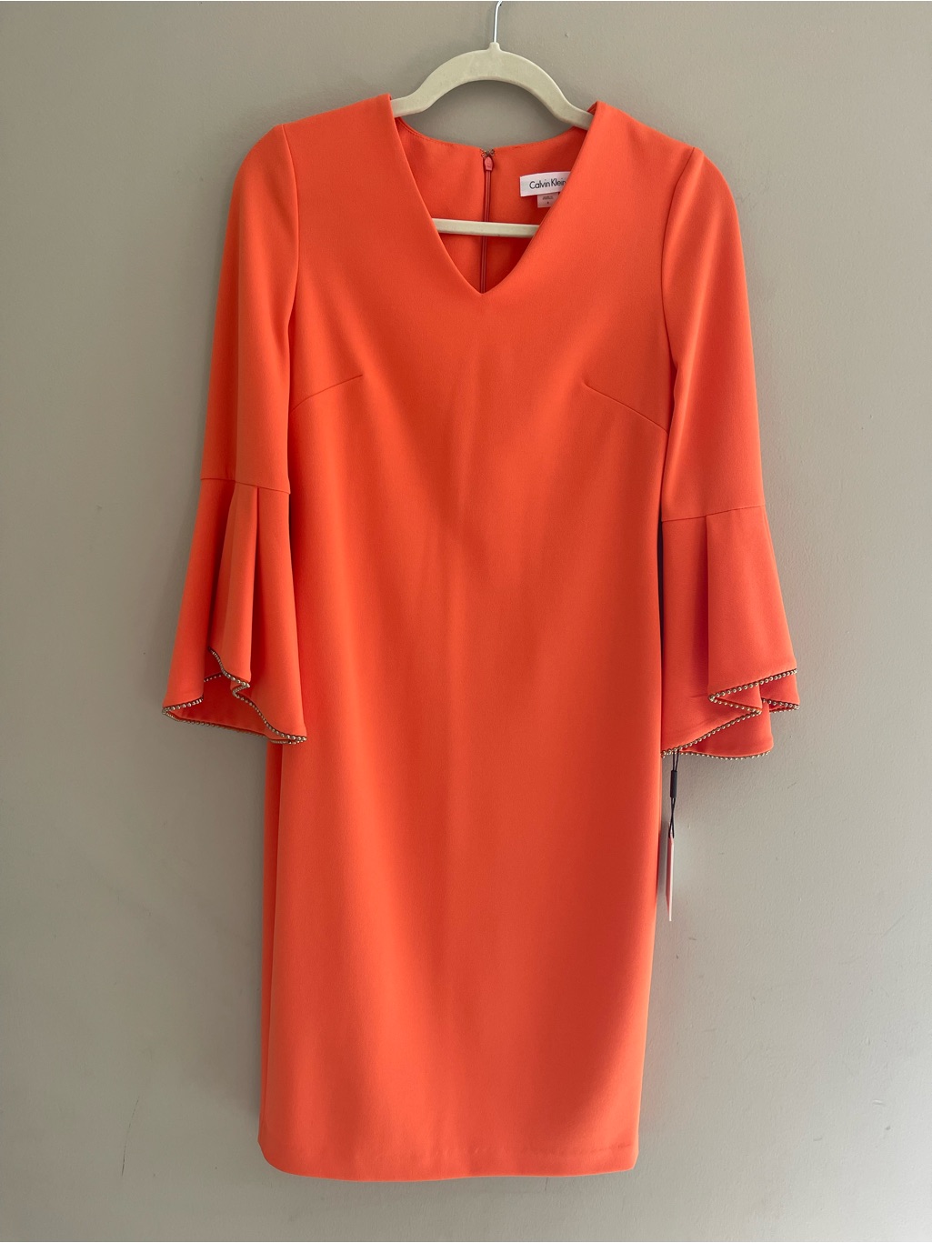 Calvin Klein 3/4 Length Bell Sleeve Round Neck Mango Orange Knit Dress Sz 4